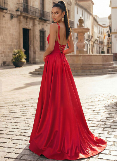 A-Line V-Neck Sleeveless Sweep Train Satin Prom Dresses With High Split