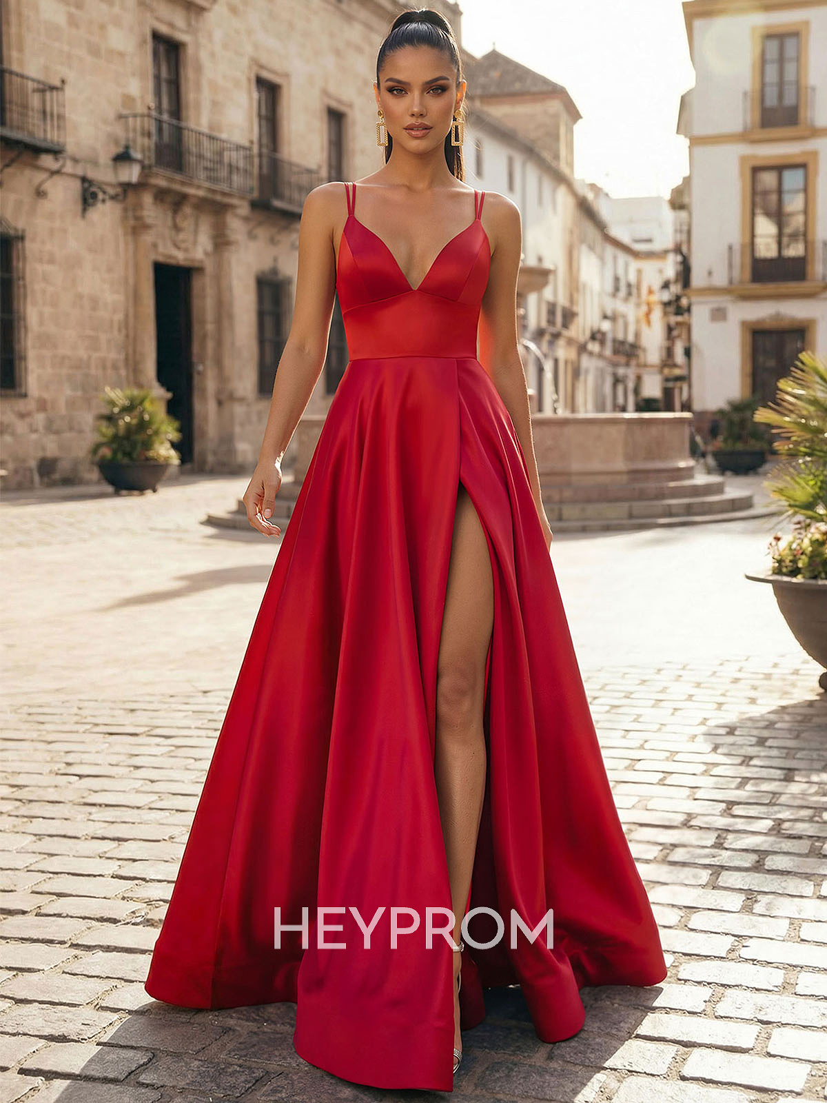A-Line V-Neck Sleeveless Sweep Train Satin Prom Dresses With High Split