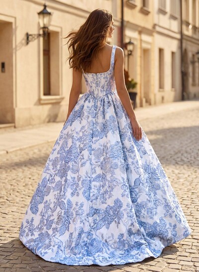 Ball-Gown Square Neckline Sleeveless Sweep Train Jacquard Prom Dresses With Beading/Flower(s)