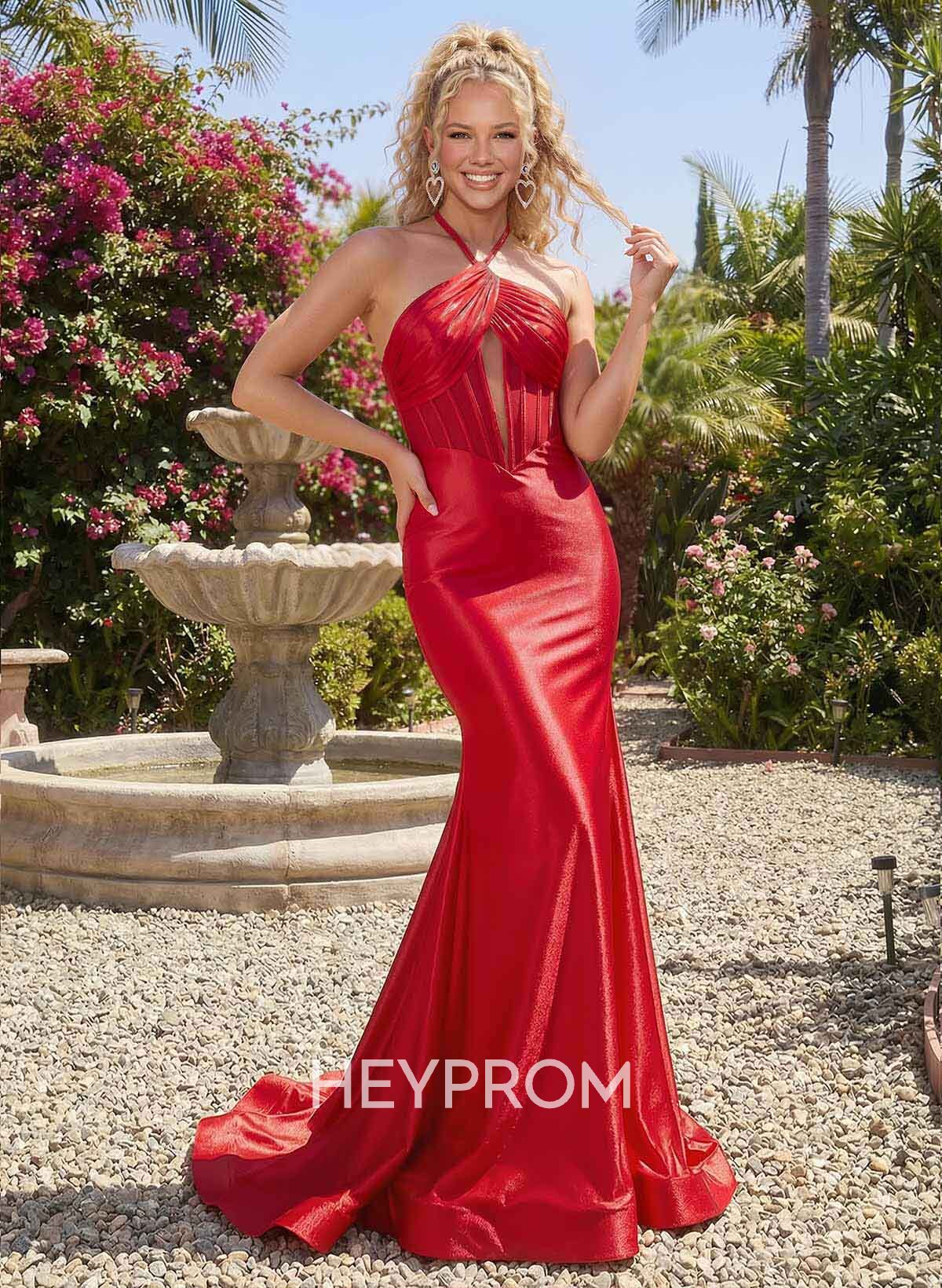 Trumpet/Mermaid Halter Sweep Train Stretch Satin Knit Prom Dresses With Beading/Back Hole