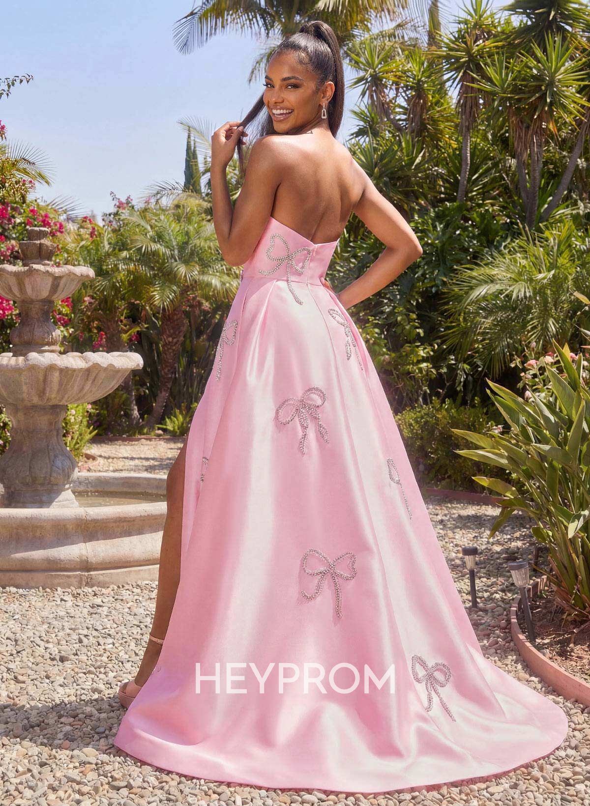 A-Line Strapless Sleeveless Sweep Train Twill Satin Prom Dresses With High Split
