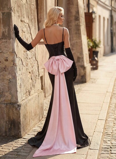 Trumpet/Mermaid Sweetheart Sleeveless Sweep Train Stretch Satin Knit Prom Dresses With Bow(s)/High Split