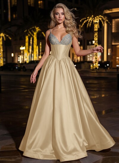 Sweet & Flow A-Line V-Neck Sleeveless Floor-Length Satin Prom Dresses With Rhinestone