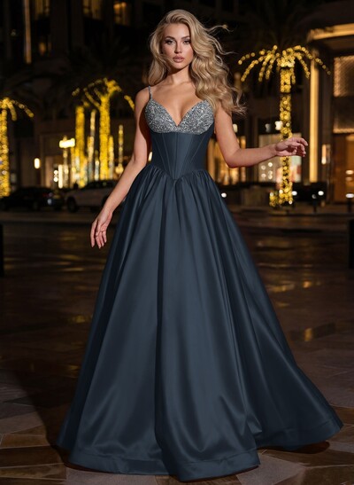 Sweet & Flow A-Line V-Neck Sleeveless Floor-Length Satin Prom Dresses With Rhinestone