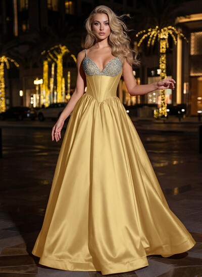 Sweet & Flow A-Line V-Neck Sleeveless Floor-Length Satin Prom Dresses With Rhinestone