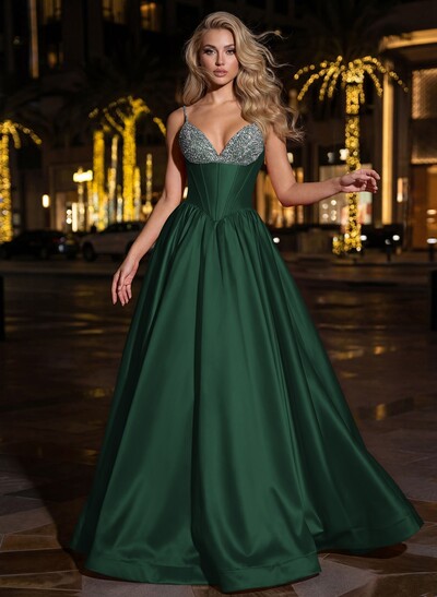 Sweet & Flow A-Line V-Neck Sleeveless Floor-Length Satin Prom Dresses With Rhinestone