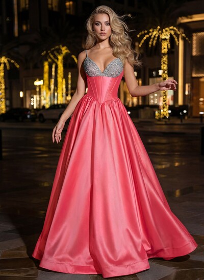 Sweet & Flow A-Line V-Neck Sleeveless Floor-Length Satin Prom Dresses With Rhinestone
