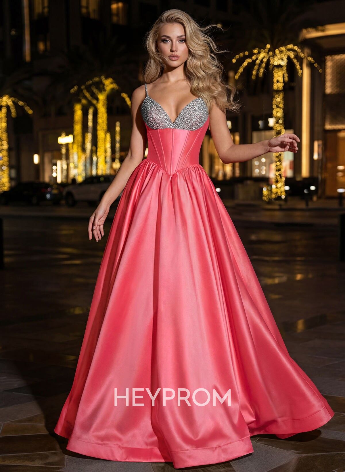 Sweet & Flow A-Line V-Neck Sleeveless Floor-Length Satin Prom Dresses With Rhinestone