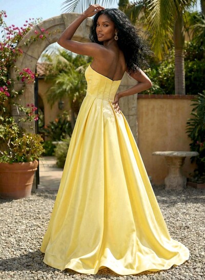 A-Line Sweetheart Sleeveless Sweep Train Satin Prom Dresses With Bow(s)/High Split