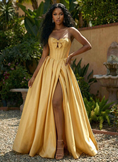 A-Line Sweetheart Sleeveless Sweep Train Satin Prom Dresses With Bow(s)/High Split