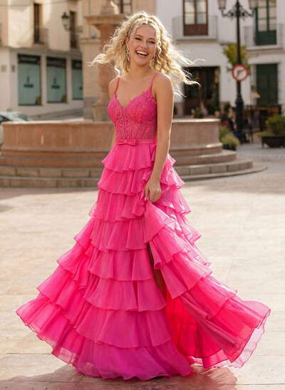 A-Line Sweetheart High Split Sweep Train Chiffon Prom Dresses With Cascading Ruffles/Appliques Lace/Tiered