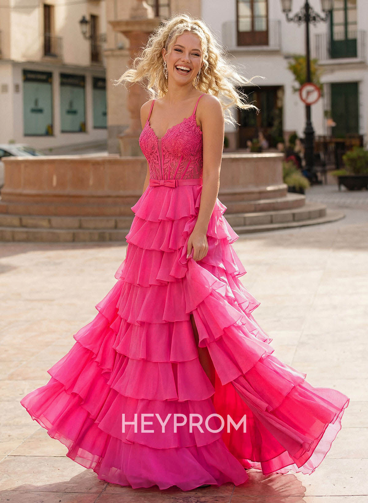 A-Line Sweetheart High Split Sweep Train Chiffon Prom Dresses With Cascading Ruffles/Appliques Lace/Tiered