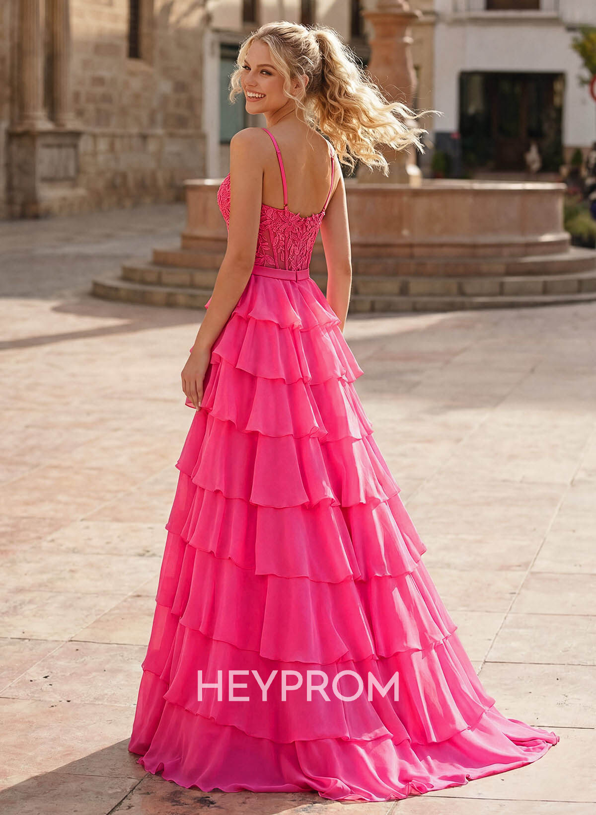 A-Line Sweetheart High Split Sweep Train Chiffon Prom Dresses With Cascading Ruffles/Appliques Lace/Tiered