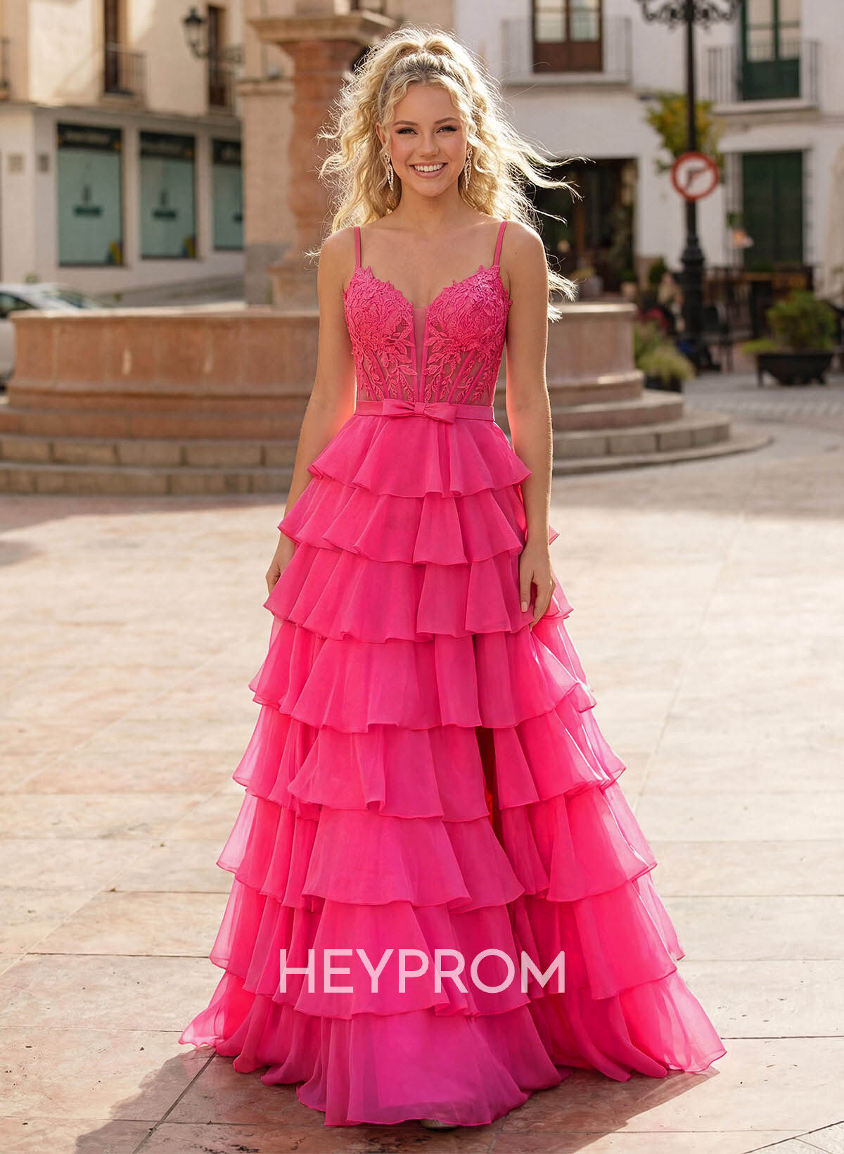 A-Line Sweetheart High Split Sweep Train Chiffon Prom Dresses With Cascading Ruffles/Appliques Lace/Tiered