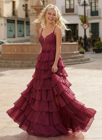 A-Line Sweetheart High Split Sweep Train Chiffon Prom Dresses With Cascading Ruffles/Appliques Lace/Tiered