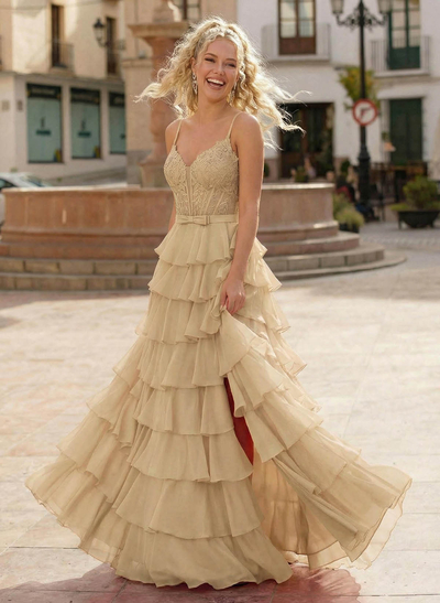 A-Line Sweetheart High Split Sweep Train Chiffon Prom Dresses With Cascading Ruffles/Appliques Lace/Tiered
