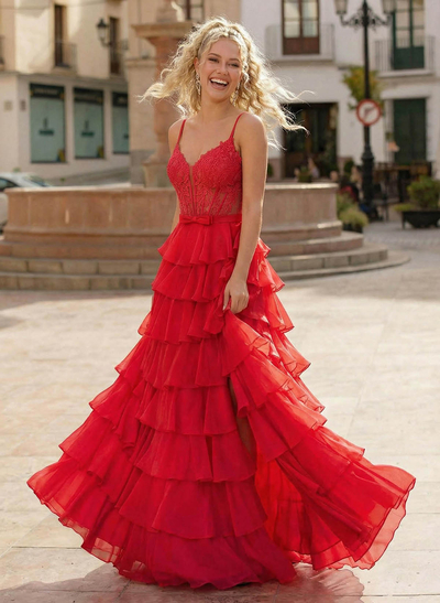 A-Line Sweetheart High Split Sweep Train Chiffon Prom Dresses With Cascading Ruffles/Appliques Lace/Tiered