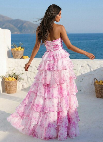 A-Line Strapless Floor-Length Organza Prom Dresses With Cascading Ruffles/Flower(s)/Tiered