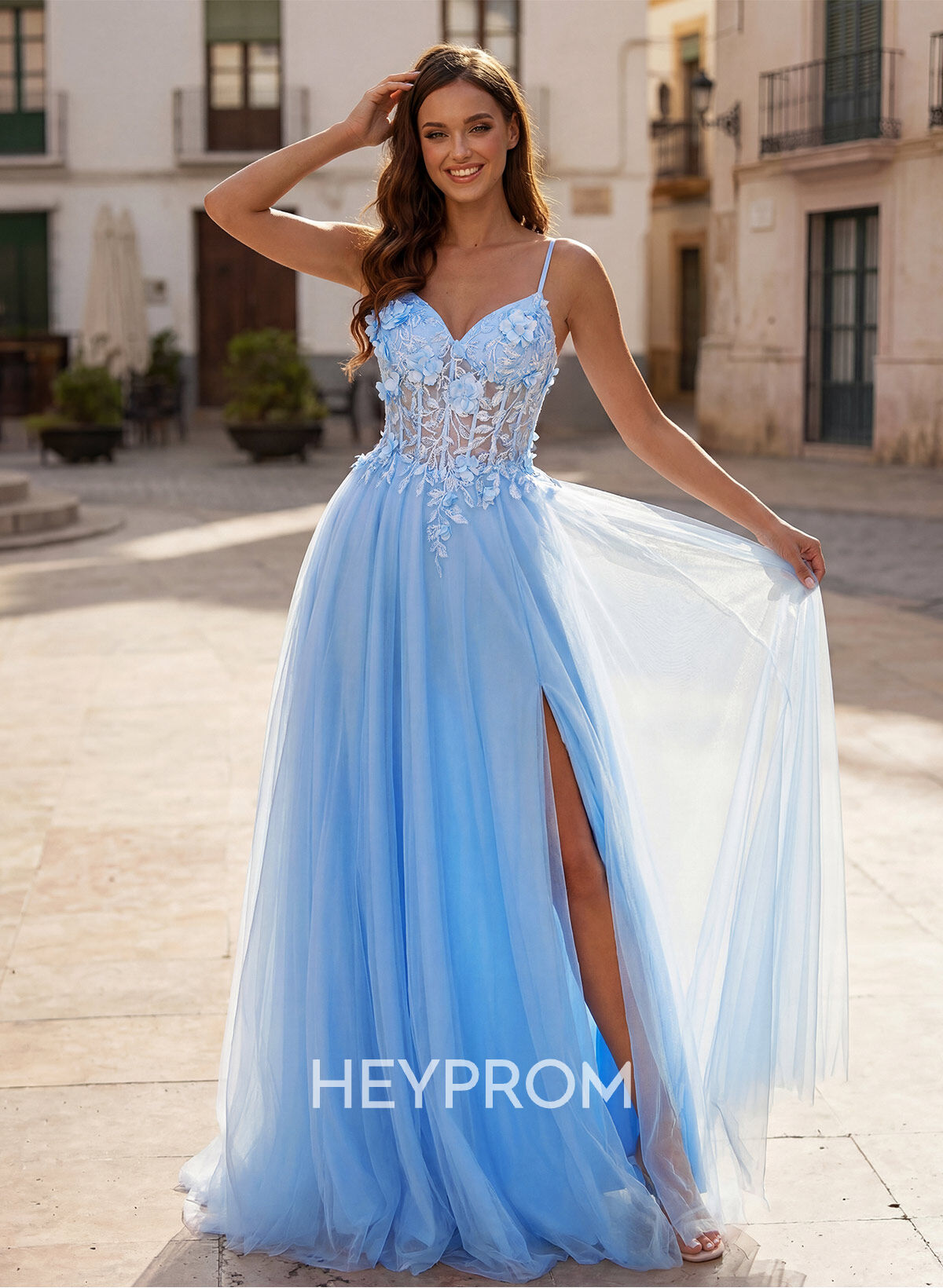 A-Line V-Neck Sleeveless Sweep Train Satin Prom Dresses With Appliques Lace/Flower(s)/High Split