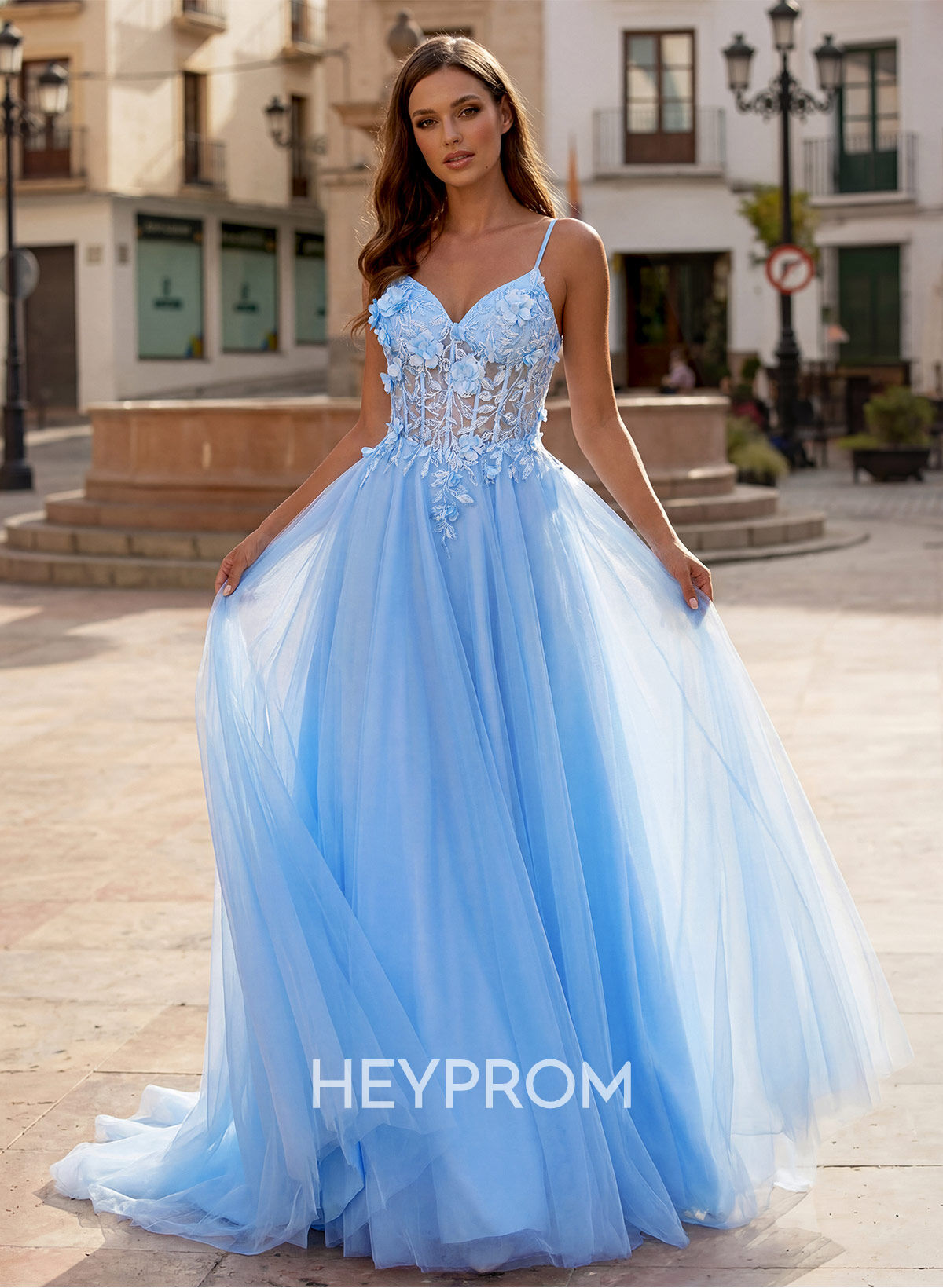 A-Line V-Neck Sleeveless Sweep Train Satin Prom Dresses With Appliques Lace/Flower(s)/High Split