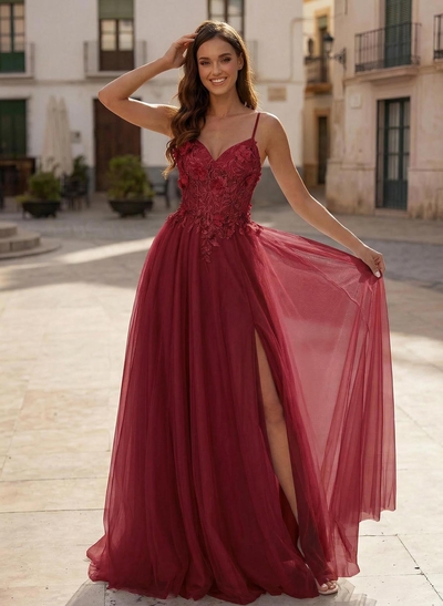 A-Line V-Neck Sleeveless Sweep Train Satin Prom Dresses With Appliques Lace/Flower(s)/High Split