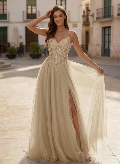 A-Line V-Neck Sleeveless Sweep Train Satin Prom Dresses With Appliques Lace/Flower(s)/High Split
