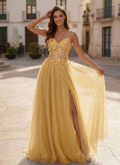 A-Line V-Neck Sleeveless Sweep Train Satin Prom Dresses With Appliques Lace/Flower(s)/High Split