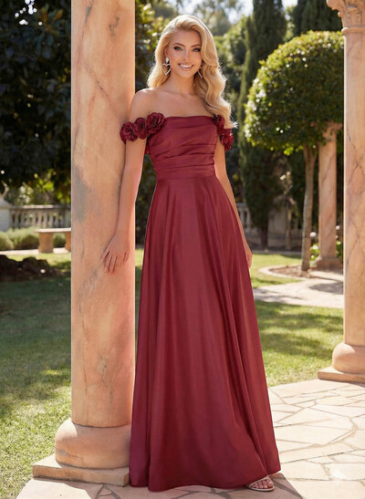 A-Line Off-The-Shoulder Sleeveless Floor-Length Satin Prom Dresses With Pockets/Flower(s)