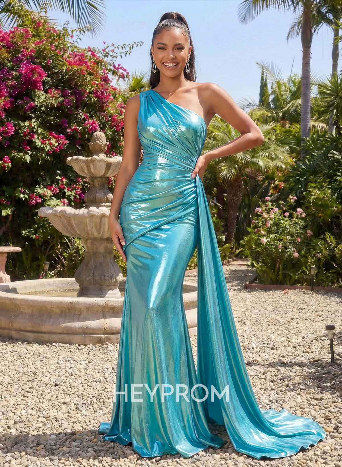 Trumpet/Mermaid One-Shoulder Sweep Train Metallic Lame Prom Dresses With Sweeping Side Drape