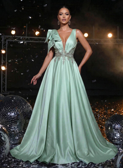 A-Line Plunge Neck Sleeveless Sweep Train Satin Prom Dresses With Bow(s)/Rhinestone