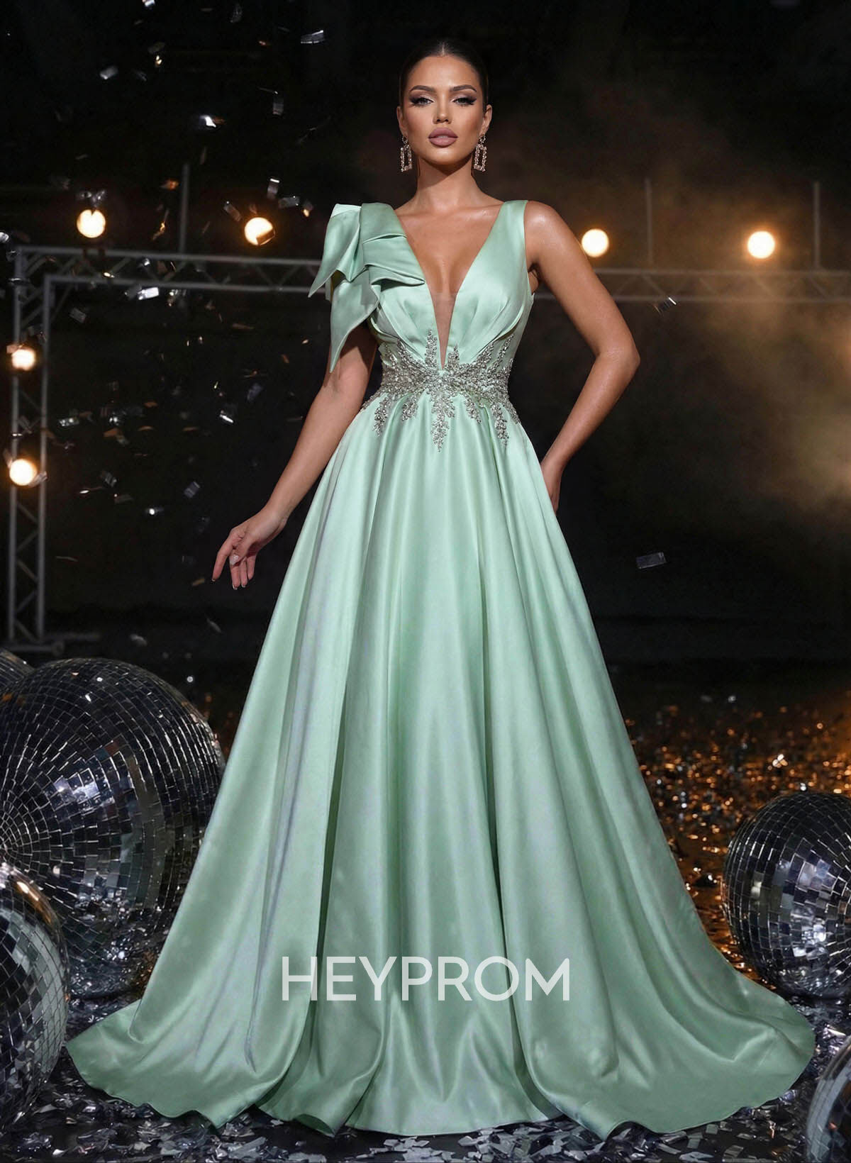 A-Line Plunge Neck Sleeveless Sweep Train Satin Prom Dresses With Bow(s)/Rhinestone