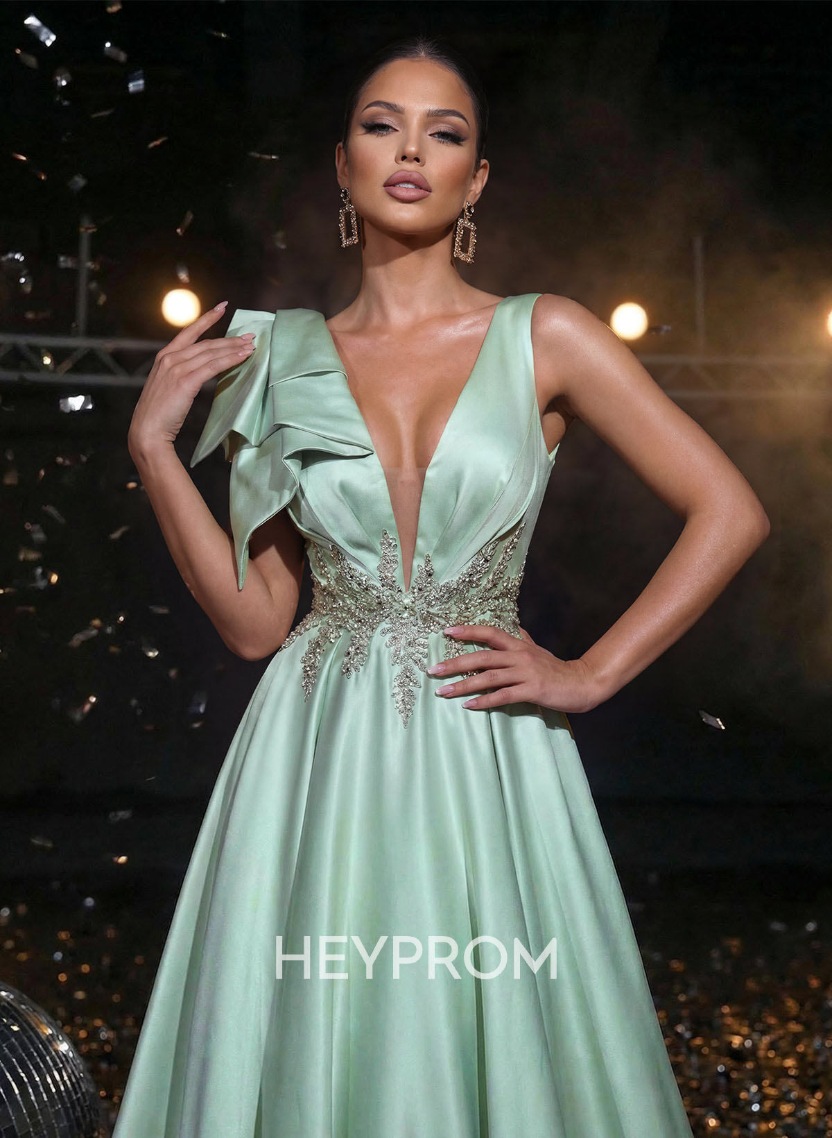 A-Line Plunge Neck Sleeveless Sweep Train Satin Prom Dresses With Bow(s)/Rhinestone