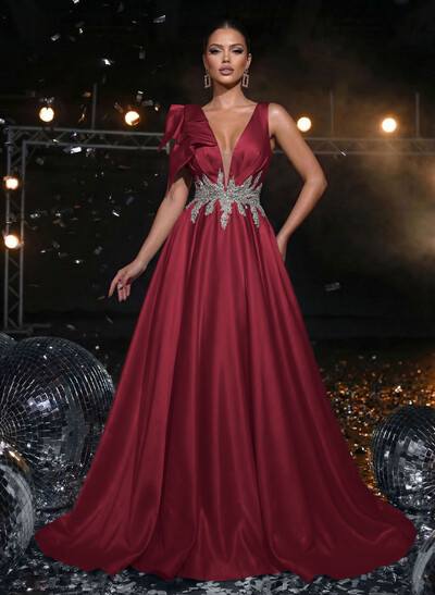 A-Line Plunge Neck Sleeveless Sweep Train Satin Prom Dresses With Bow(s)/Rhinestone