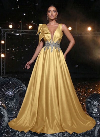 A-Line Plunge Neck Sleeveless Sweep Train Satin Prom Dresses With Bow(s)/Rhinestone