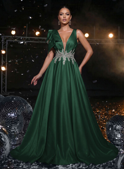 A-Line Plunge Neck Sleeveless Sweep Train Satin Prom Dresses With Bow(s)/Rhinestone