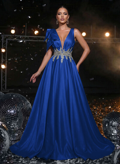 A-Line Plunge Neck Sleeveless Sweep Train Satin Prom Dresses With Bow(s)/Rhinestone