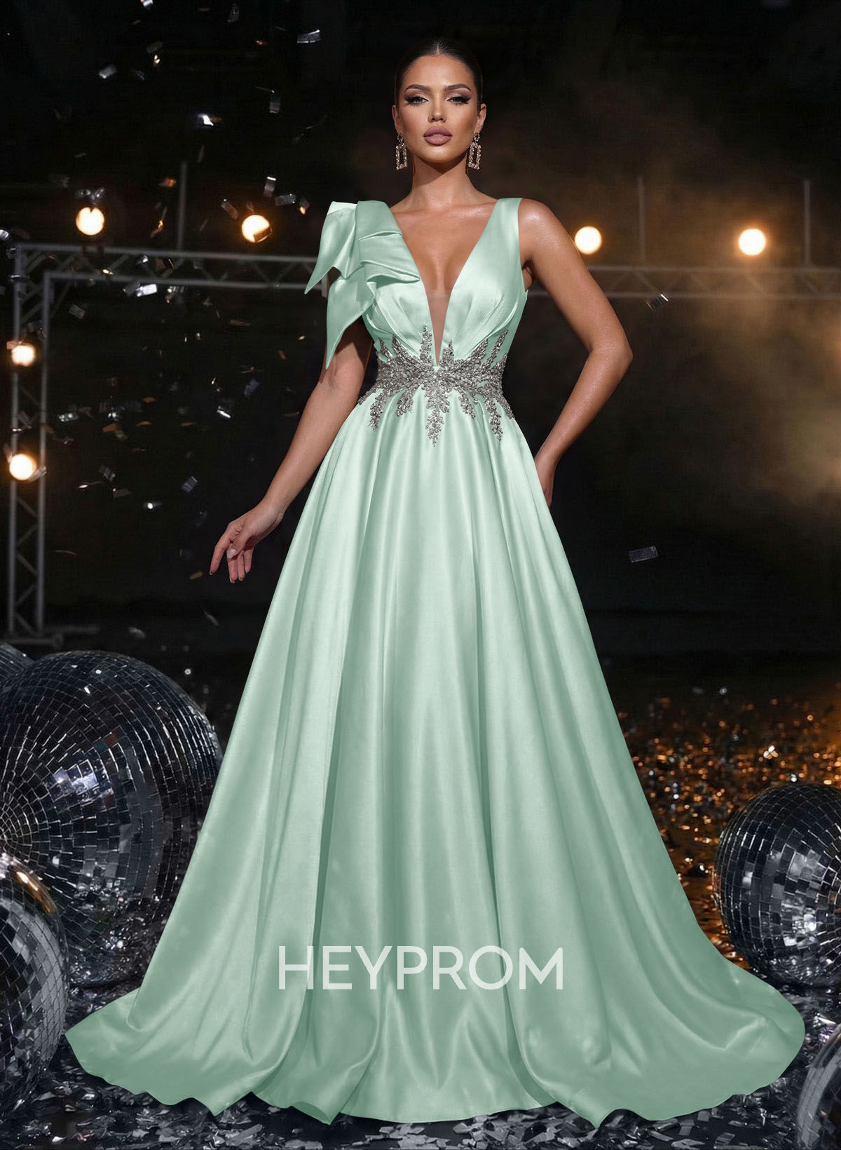 A-Line Plunge Neck Sleeveless Sweep Train Satin Prom Dresses With Bow(s)/Rhinestone