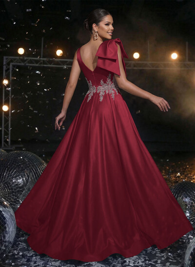A-Line Plunge Neck Sleeveless Sweep Train Satin Prom Dresses With Bow(s)/Rhinestone