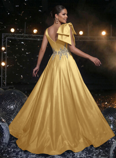 A-Line Plunge Neck Sleeveless Sweep Train Satin Prom Dresses With Bow(s)/Rhinestone