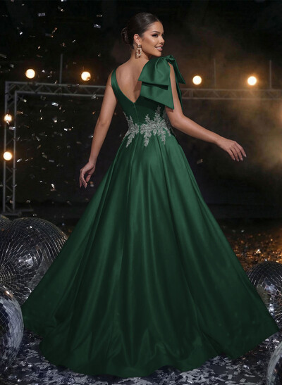 A-Line Plunge Neck Sleeveless Sweep Train Satin Prom Dresses With Bow(s)/Rhinestone