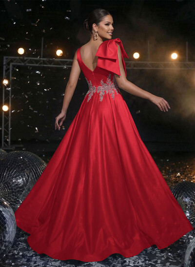 A-Line Plunge Neck Sleeveless Sweep Train Satin Prom Dresses With Bow(s)/Rhinestone