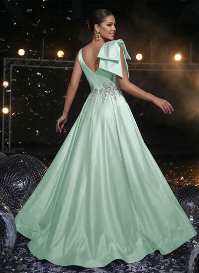 A-Line Plunge Neck Sleeveless Sweep Train Satin Prom Dresses With Bow(s)/Rhinestone