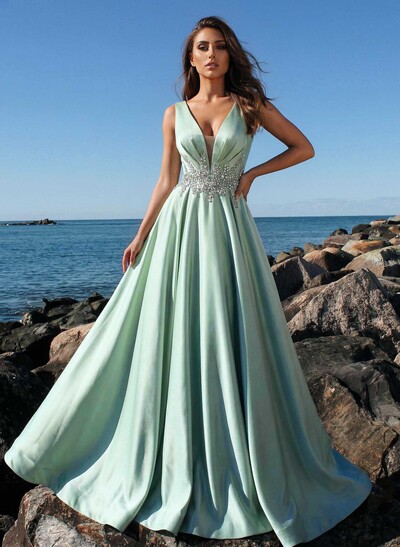 A-Line Plunge Neck Sleeveless Sweep Train Satin Prom Dresses With Rhinestone