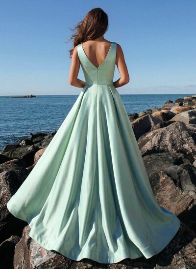A-Line Plunge Neck Sleeveless Sweep Train Satin Prom Dresses With Rhinestone