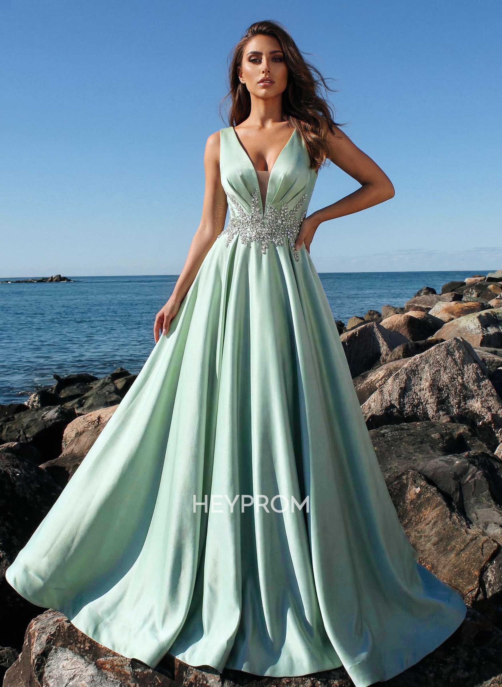 A-Line Plunge Neck Sleeveless Sweep Train Satin Prom Dresses With Rhinestone