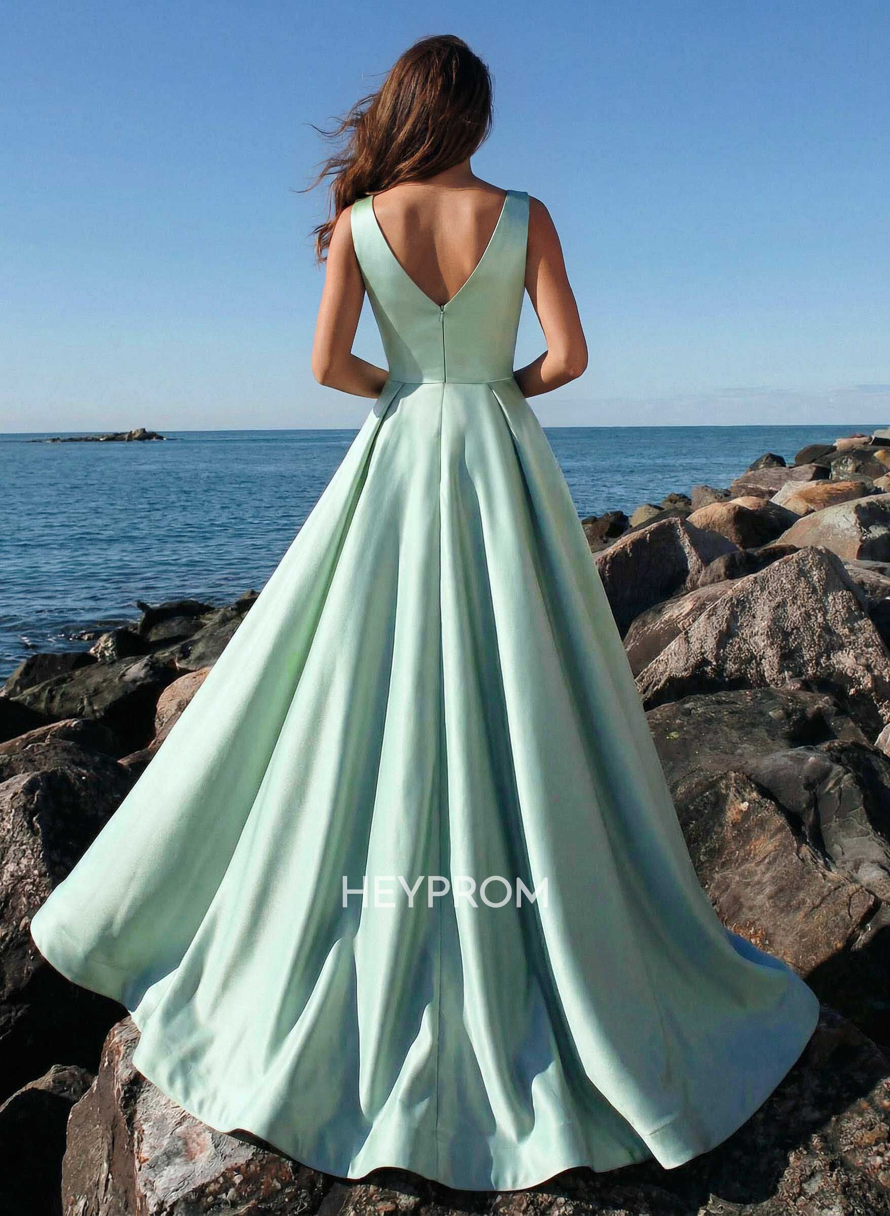 A-Line Plunge Neck Sleeveless Sweep Train Satin Prom Dresses With Rhinestone