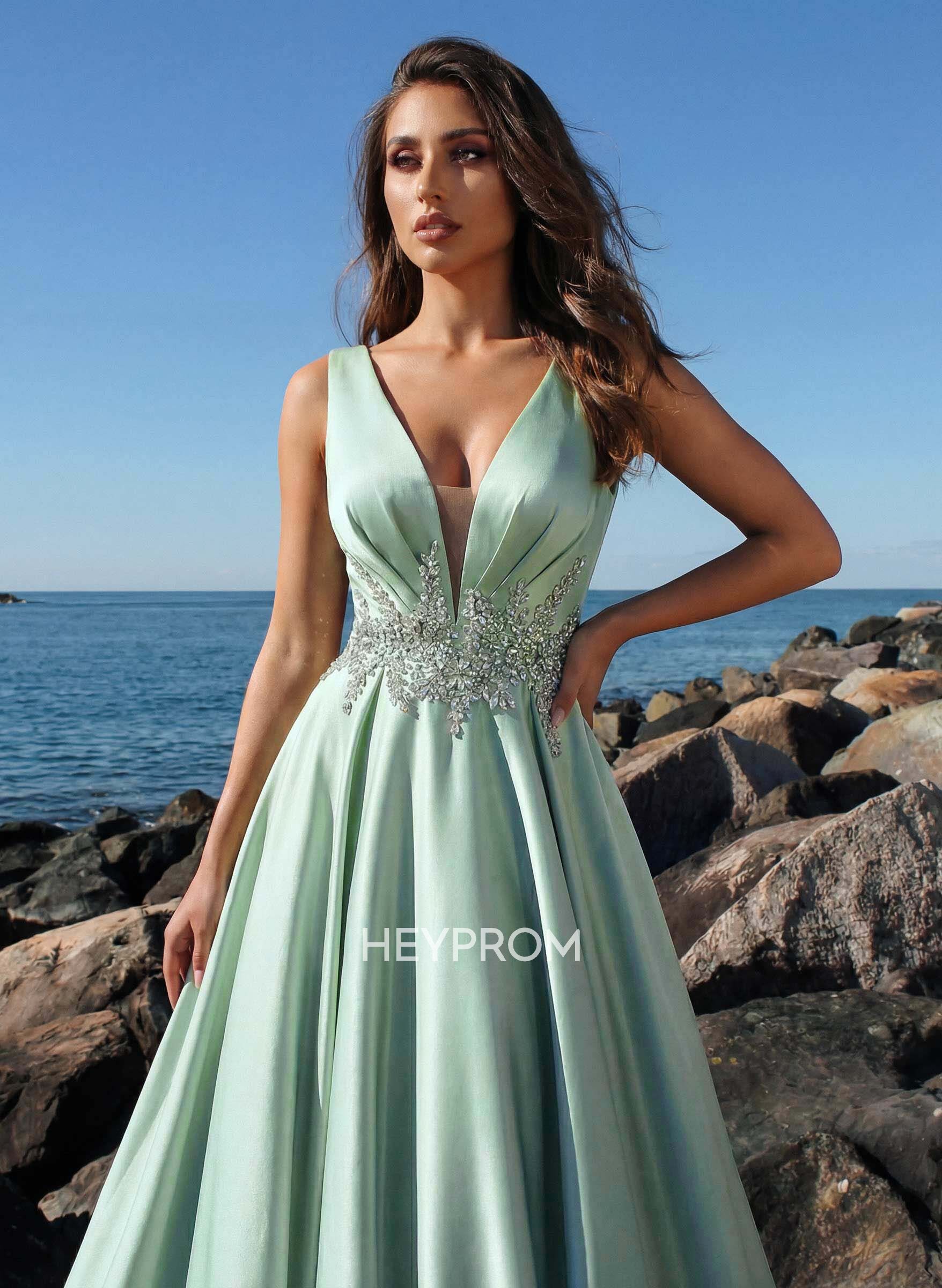 A-Line Plunge Neck Sleeveless Sweep Train Satin Prom Dresses With Rhinestone