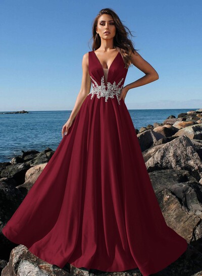 A-Line Plunge Neck Sleeveless Sweep Train Satin Prom Dresses With Rhinestone