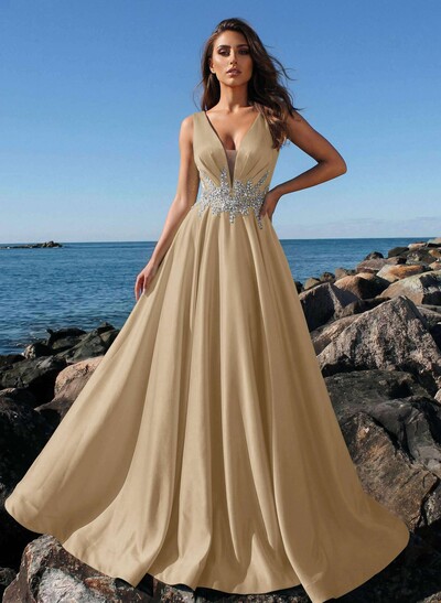 A-Line Plunge Neck Sleeveless Sweep Train Satin Prom Dresses With Rhinestone