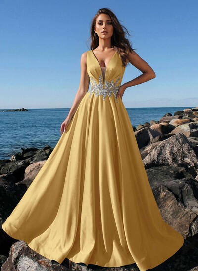 A-Line Plunge Neck Sleeveless Sweep Train Satin Prom Dresses With Rhinestone